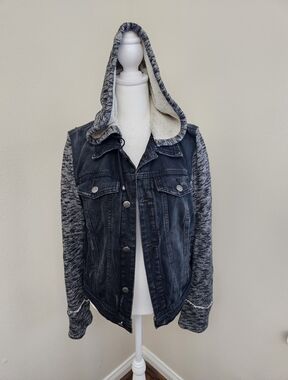 Free People Black Denim Jacket with Cream Knit Trim